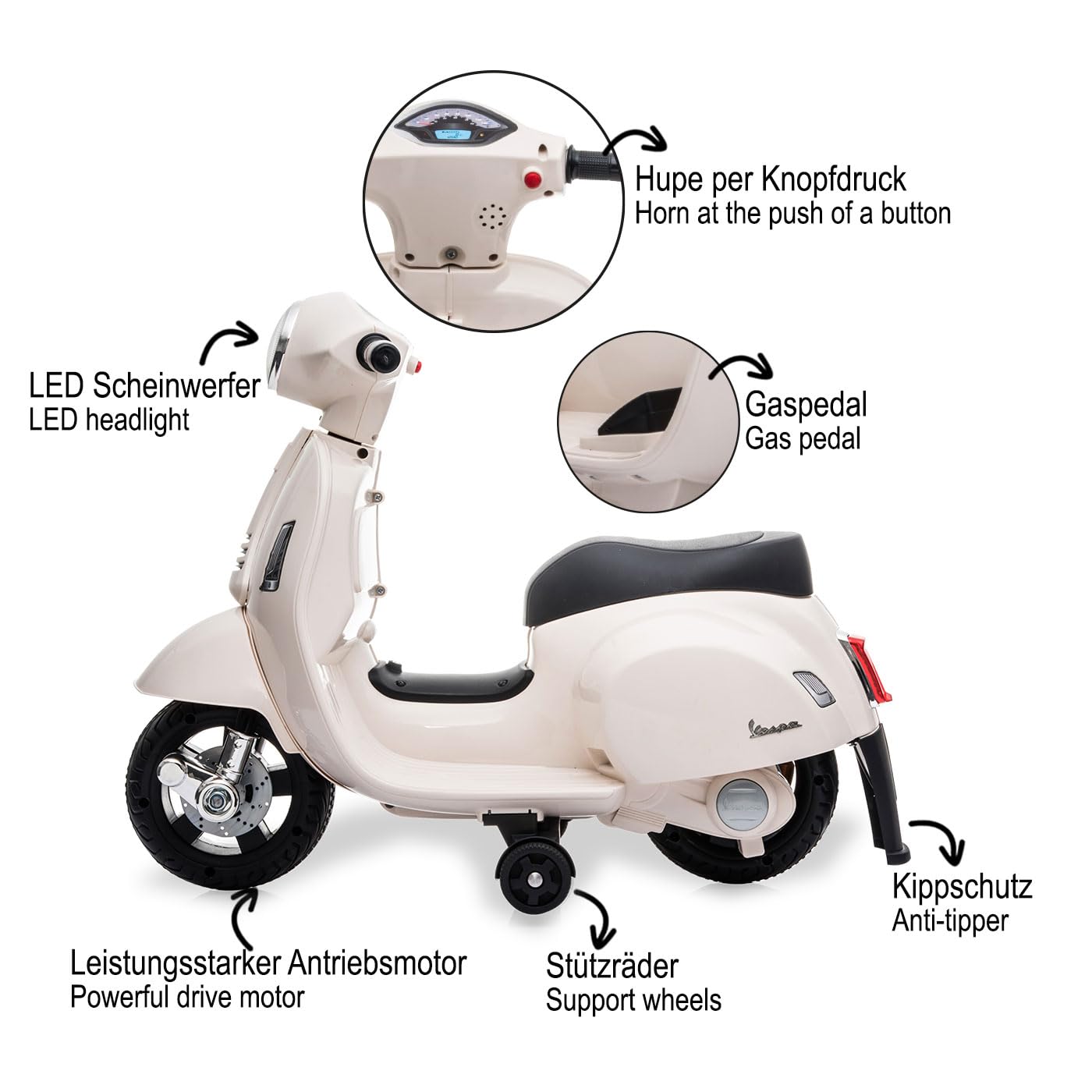 JAMARA 461856 Ride-on Vespa Mini Li-Power 8.4 – samochód elektryczny Vespa dla dzieci od 18 miesięcy, elektryczny samochód samochodowy, do jazdy elektrycznej, koła podporowe, gazu, pomysł na