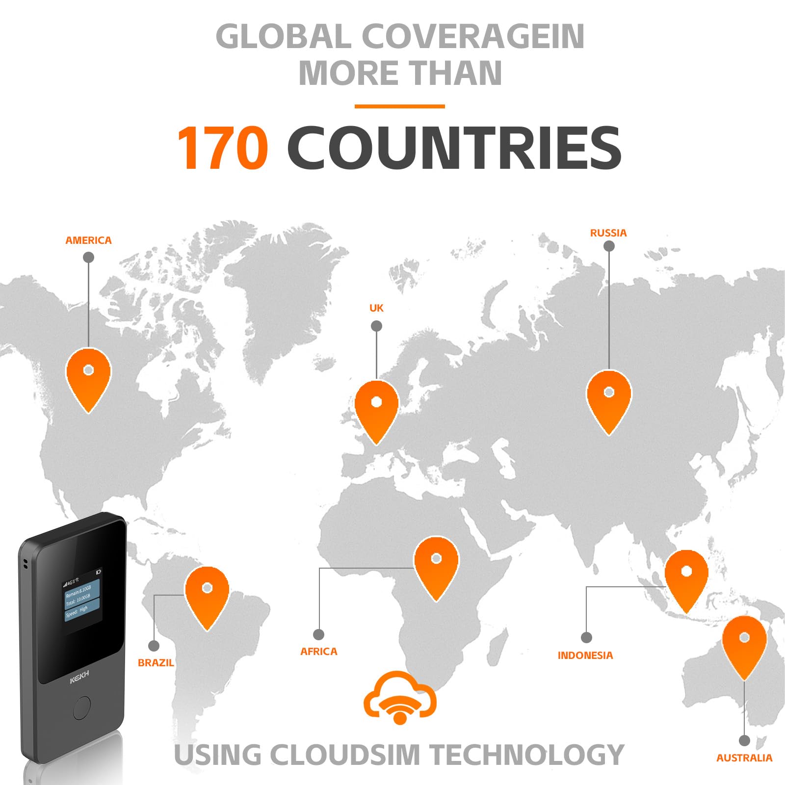 Hotspot WiFi portatile globale per viaggi, nessuna SIM richiesta, router 4G LTE che copre oltre 140 paesi, pay-as-you-go, collega fino a 10 dispositivi, dati USA da 10 GB inclusi, dati gratuiti a vita