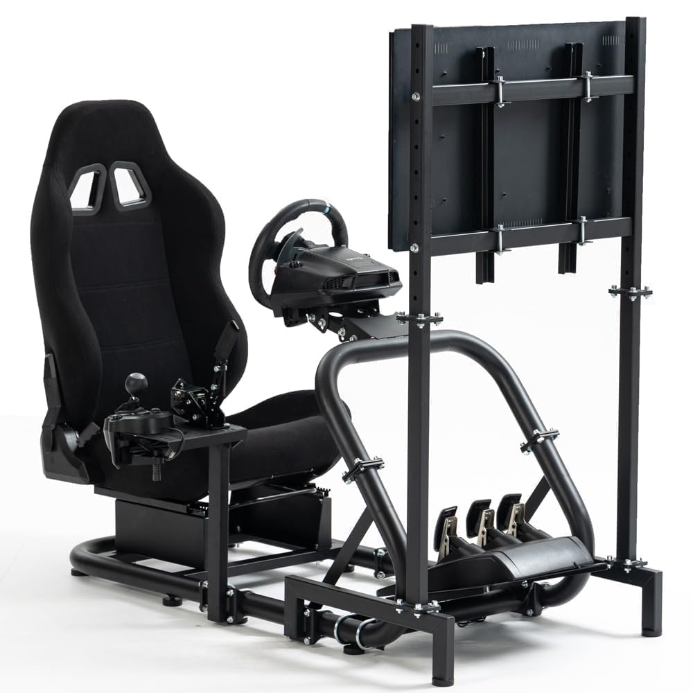 Supllueer Racing Sim Cockpit with Ergonomic Seat Monitor Stand Fit for Logitech Fanatec Thrustmaster G27 G923 G920 50mm