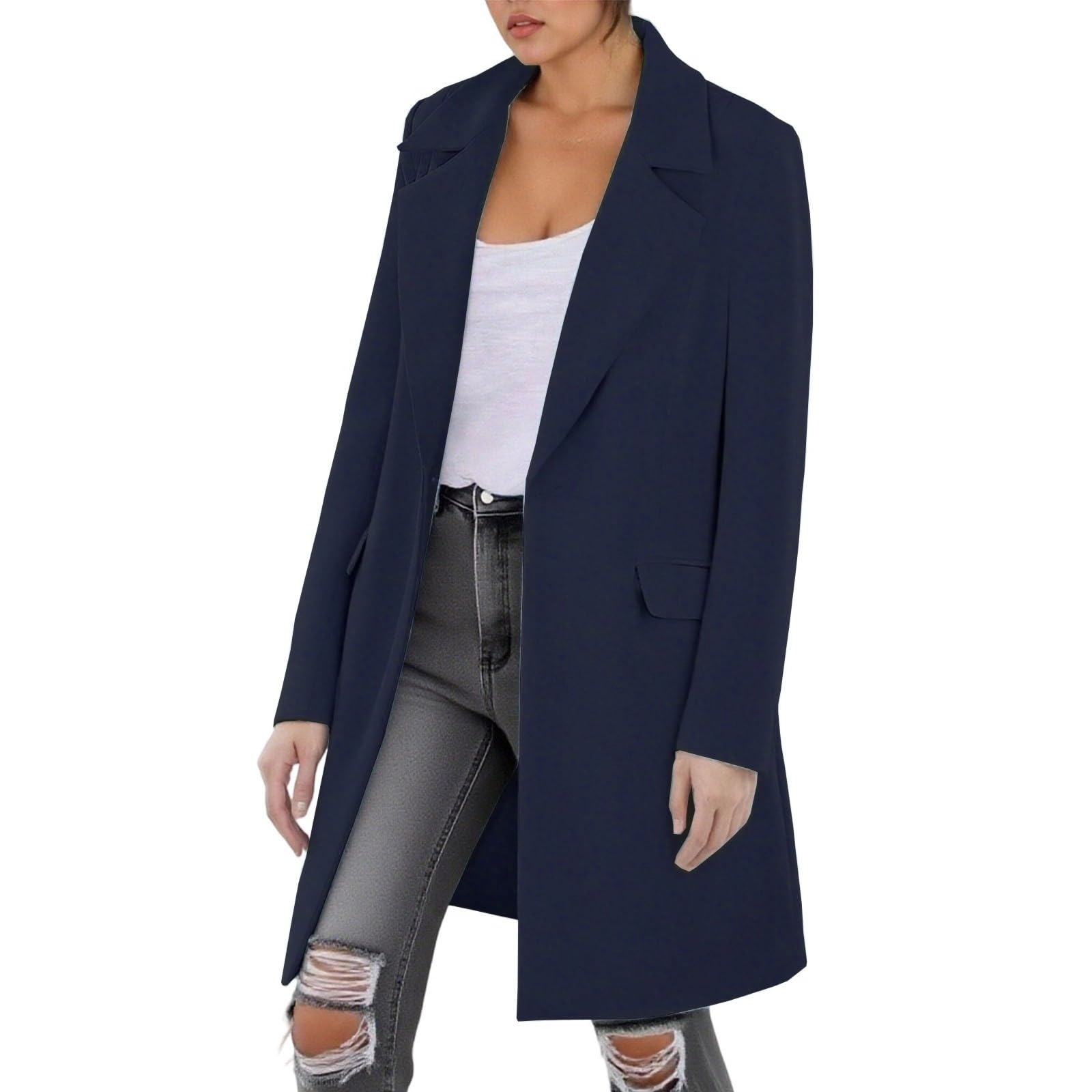 Fall Blazers for Women Business Casual Long Sleeve Lapel Pockets Dressy Midi Suit Jackets Work Office Clothes