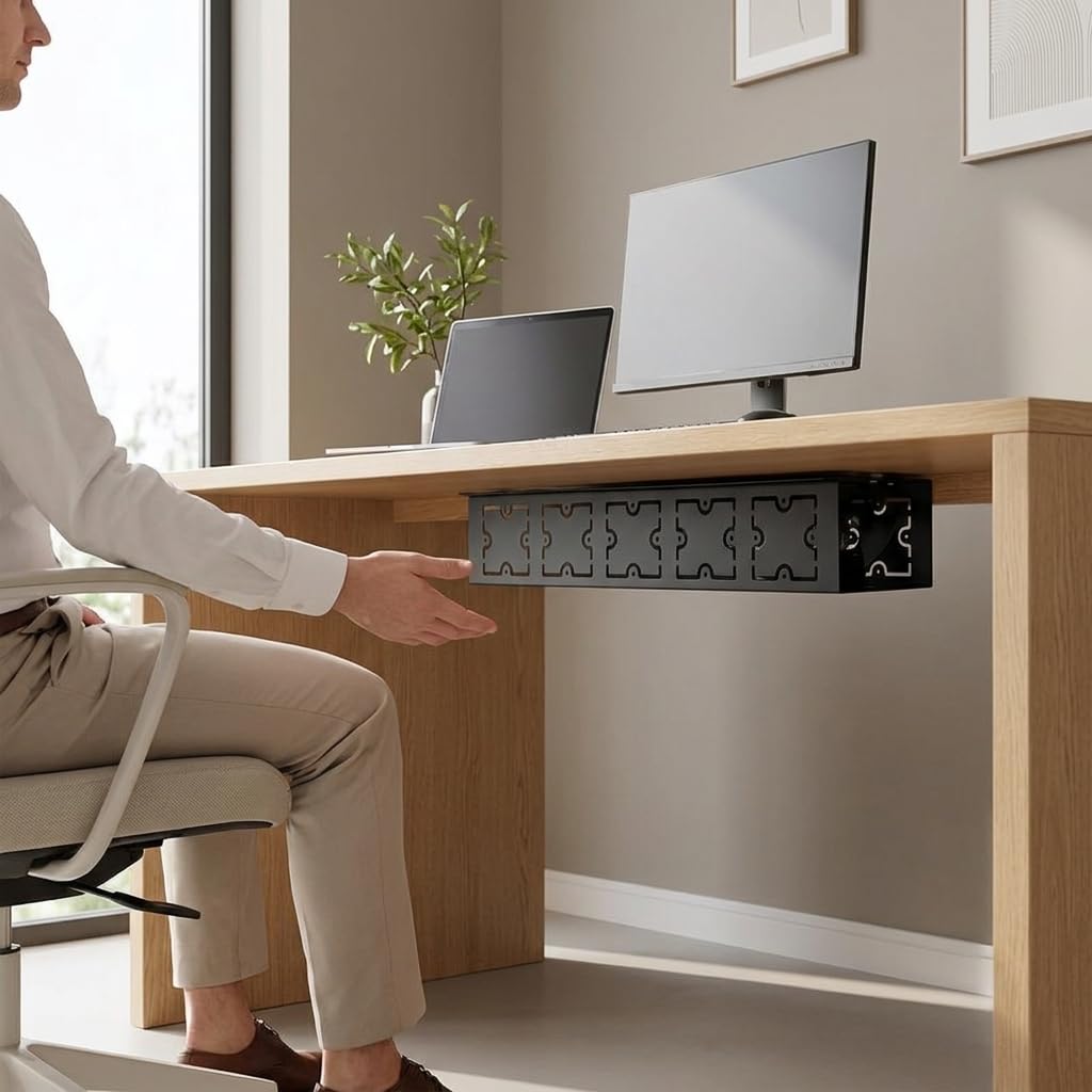 Contenitore Fili in Acciaio con Montaggio a Vite per Tavolo Professionale Gestione Cavi Sotto Scrivania Supporto per Attrezzatura Elettronica, 800mm lungo