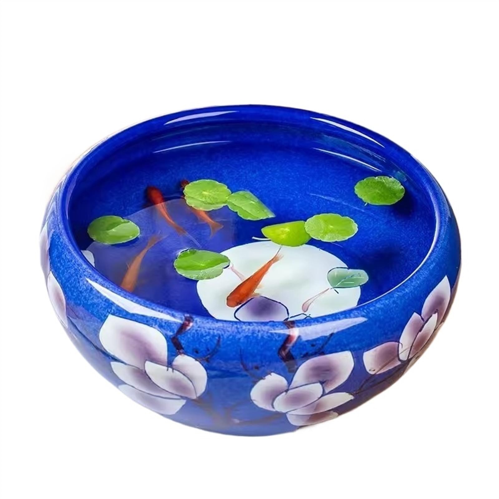 Acquario per Pesci Acquario in ceramica con motivo a magnolia blu scuro, decorazione da tavolo for buona fortuna, acquario for tartarughe, vaso rotondo in ceramica for fiori Acquari(41x41x17cm)