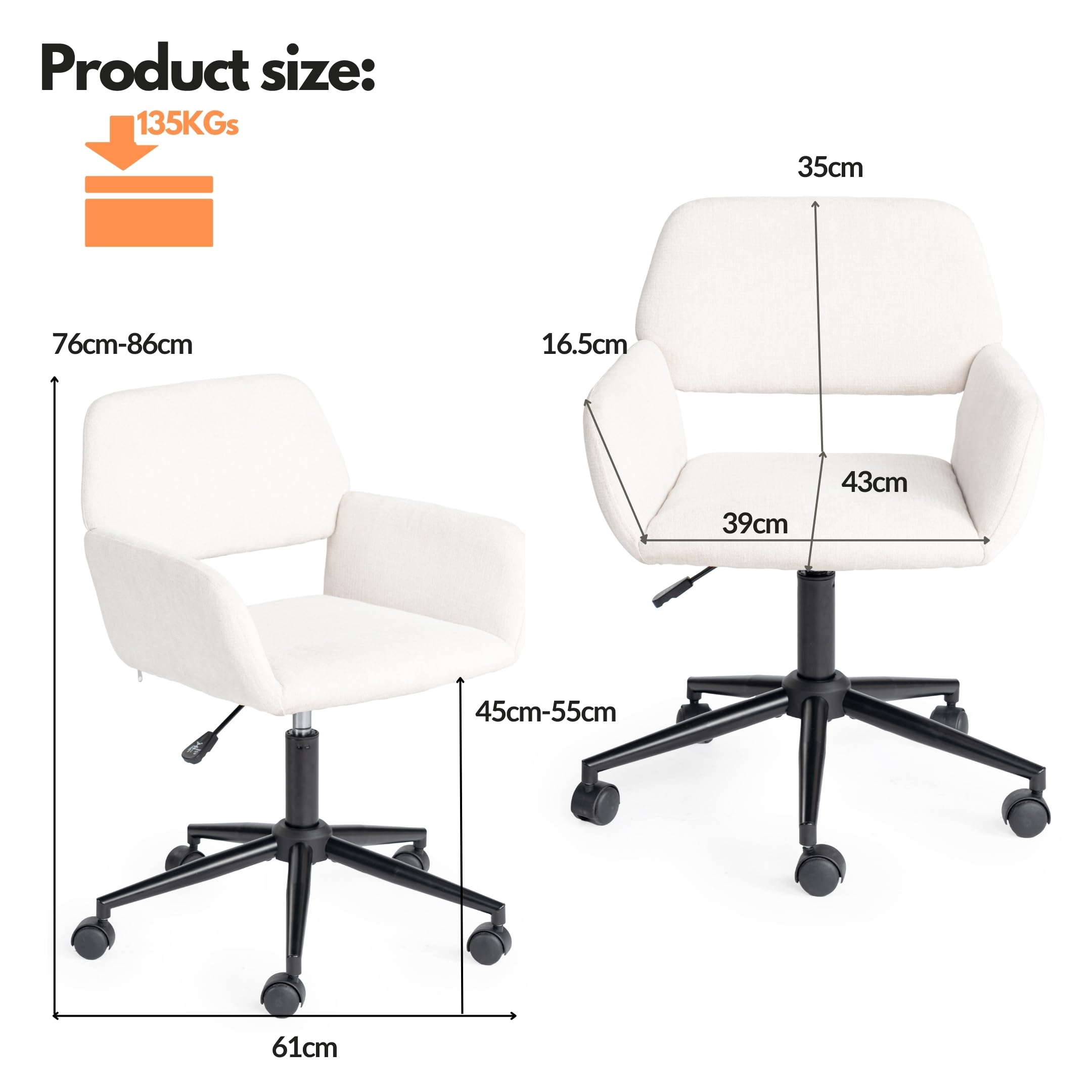 FurnitureR Sedia da trucco girevole, seduta da camera regolabile in altezza, seduta cava ampia e traspirante, sedia da vestire girevole a 360°, tessuto beige moderno, 56 x 55 x 75-85 cm