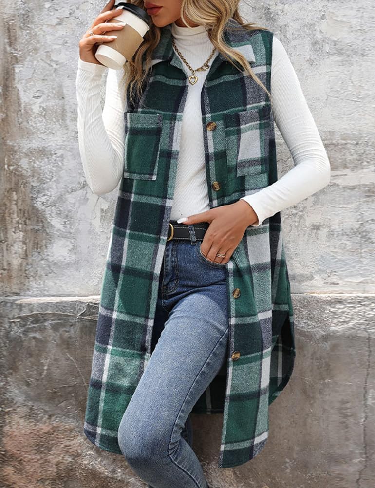 Mywinway Long Plaid Vest for Women Fall Winter Sleeveless Blazer Jackets Outerwear Trendy Tops