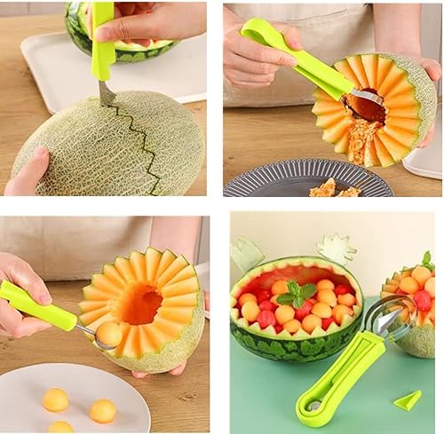Miniatura 7 de Juego profesional de cucharas de melón 4 en 1, cuchillo de tallar, removedor de semillas de frutas de acero inoxidable, bailarina de melón de doble