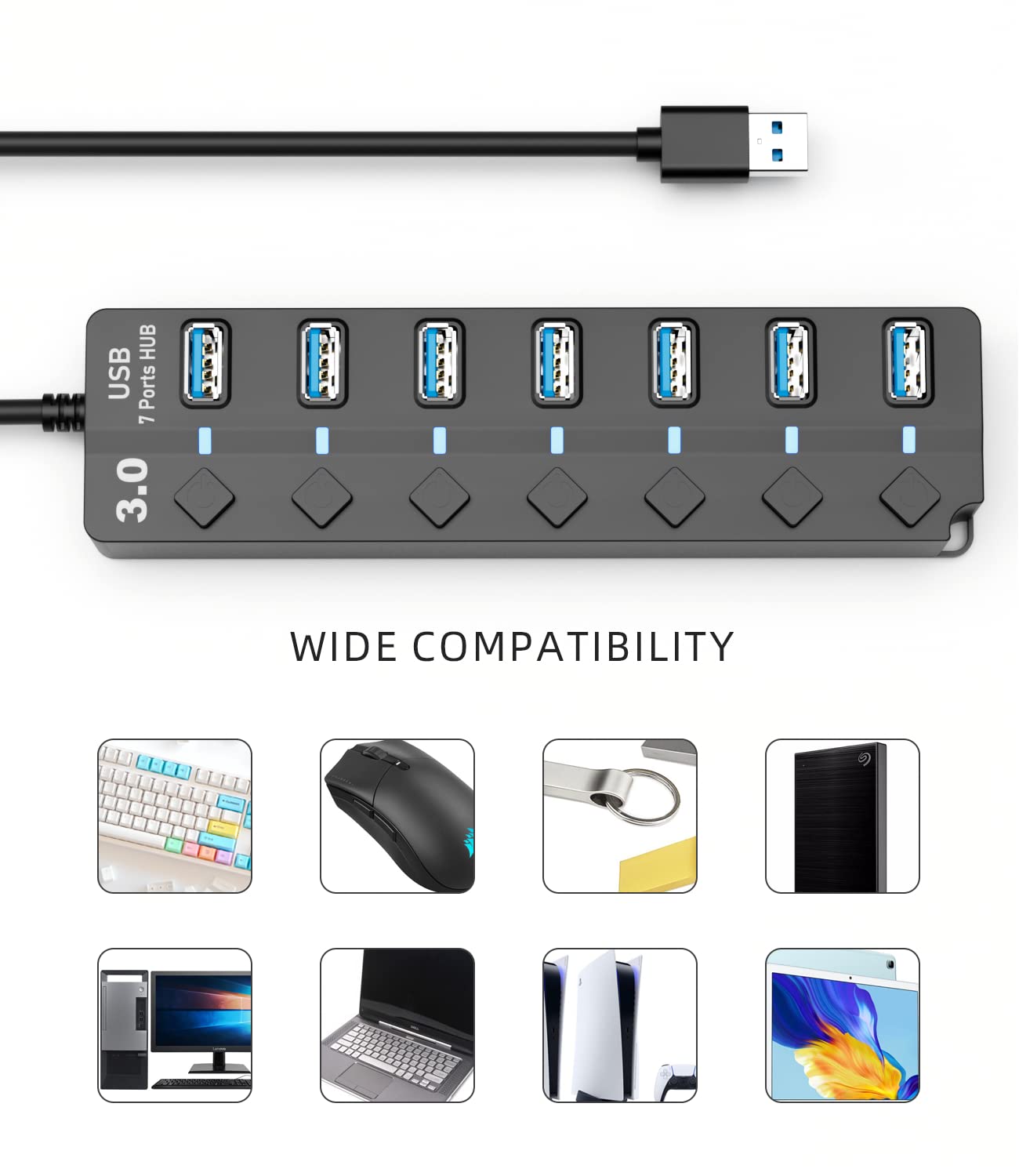 Concentrador USB 3.0, concentrador USB  de 7 puertos con interruptores LED individuales de encendido/apagado y cable largo extendido para MacBook, Mac Pro, Mac Mini, iMac, Surface Pro, XPS, PC 7