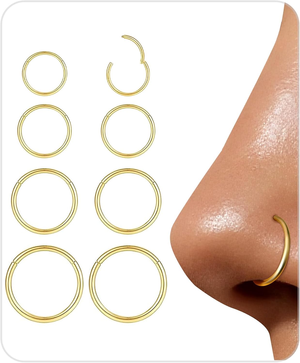 Hypoallergenic Nose Rings Hoops Set for Women Men: Dainty 8Pcs 18G Gold/Silver 316L Surgical Stainless Steel Nose Hoops Hinged Clicker Septum Rings for Body Piercing Jewelry 6-12mm Christmas Gifts