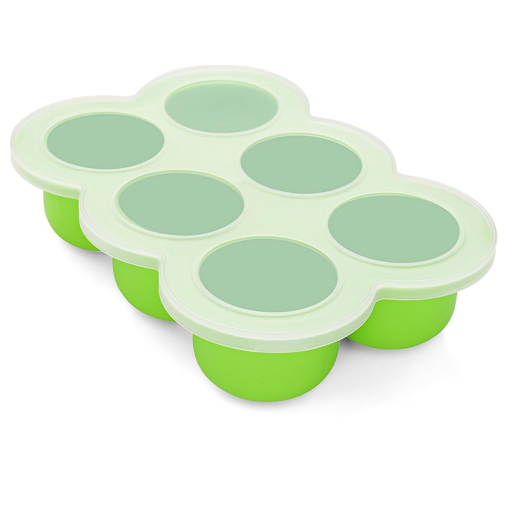 HIWOOD 6x3oz Baby Food Freezer Tray with Clip on Lid Bright Green | Leakproof Freezer Molds Silicone Storage Container for Purees Fruits Vegetables
