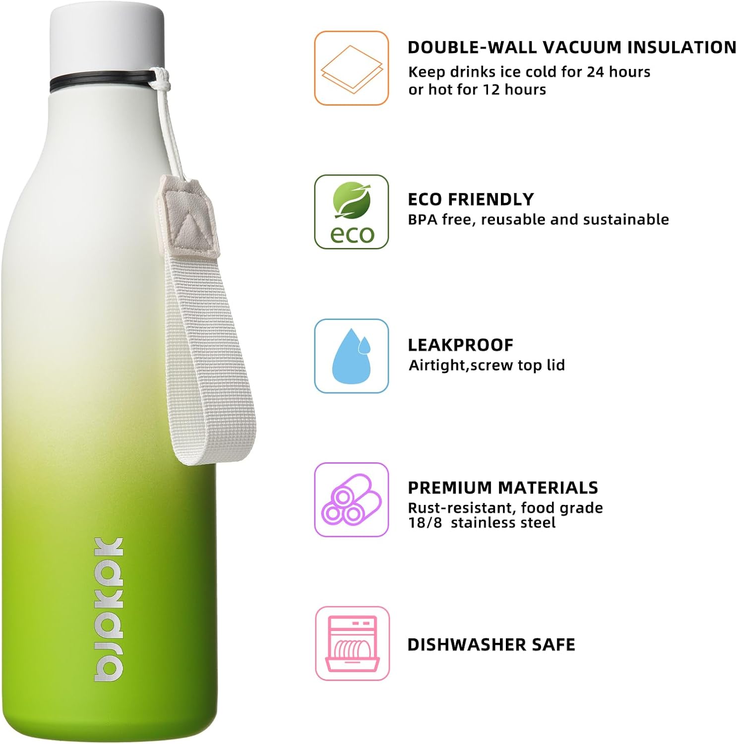 BJPKPK Insulated Water Bottles, 25 oz Stainless Steel Metal Water Bottle with Strap, BPA Free Leak Proof Jugs, Mugs, Flasks, Reusable Thermal Flasks for Sports & Travel, Elegant Green - Image 2