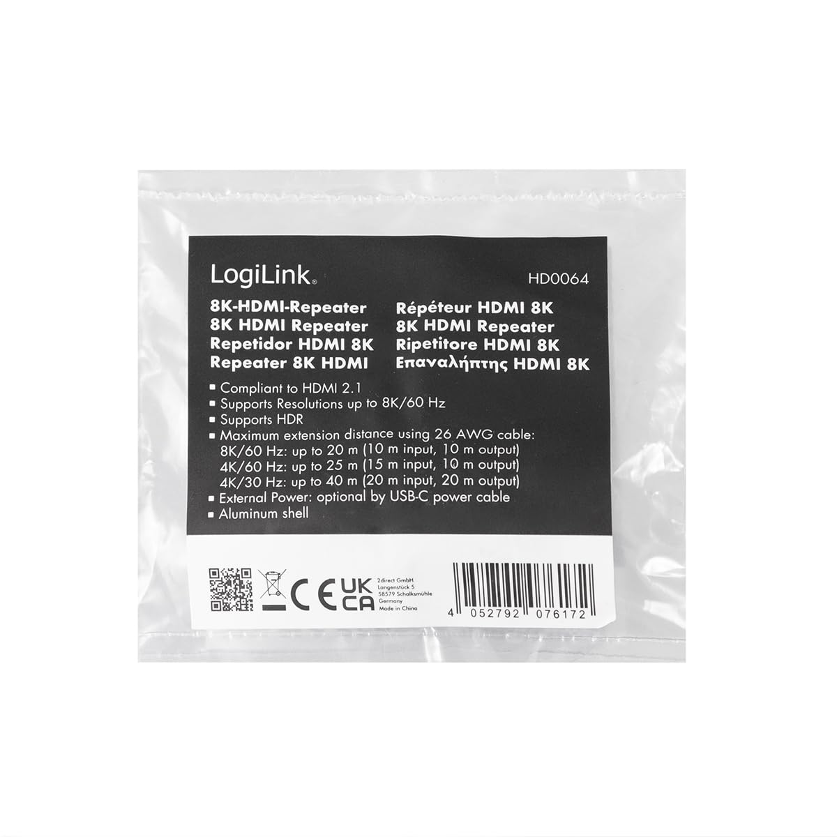 Logilink HD0064 - Ripetitore HDMI fino a 20 m in Ultra HD 8 K/60 Hz, HDCP 2.3