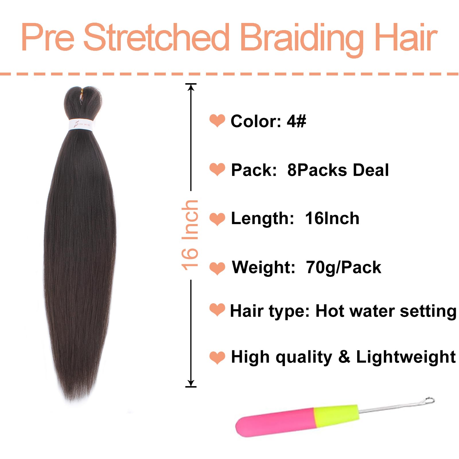 Mscat 16 Inch 8 Packs Pre Stretched Braiding Hair Dark Brown Pre Stretched Braiding Professional Synthetic Prestretched Crochet Braids Hair Extension Hot Water Setting Yaki Texture (4#) - Image 2