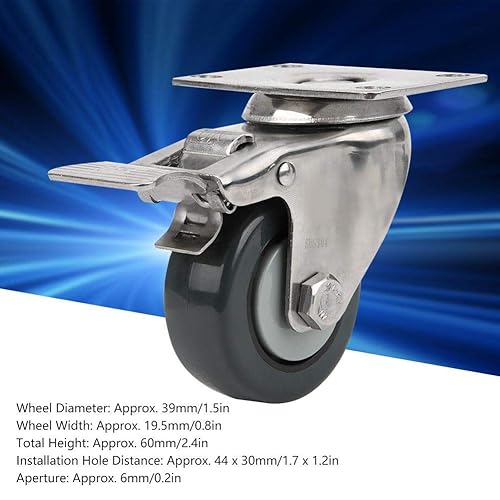 Miniatura 3 de Rueda giratoria con ruedas de freno, 1.5 pulgadas, carga de 66.1 lbs/66.1 libras, polipropileno 304, acero inoxidable 304, freno sin rastro, soporte