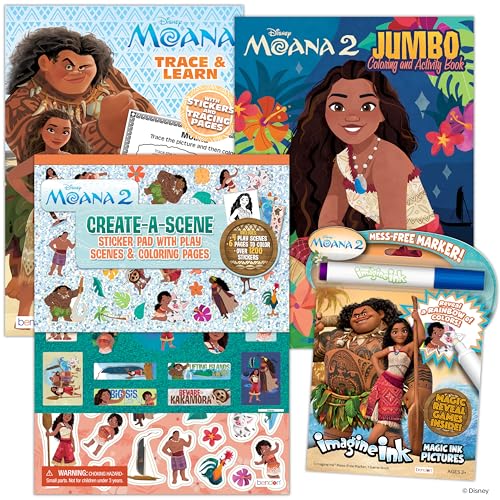 Disney Moana 2 Coloring Book Bundle for Kids - 4-Pack Princess Activity Set with Jumbo Coloring Book Trace and Learn 1200+ Stickers and Mess-Free Imagine Ink Magic Pictures Ages 3+