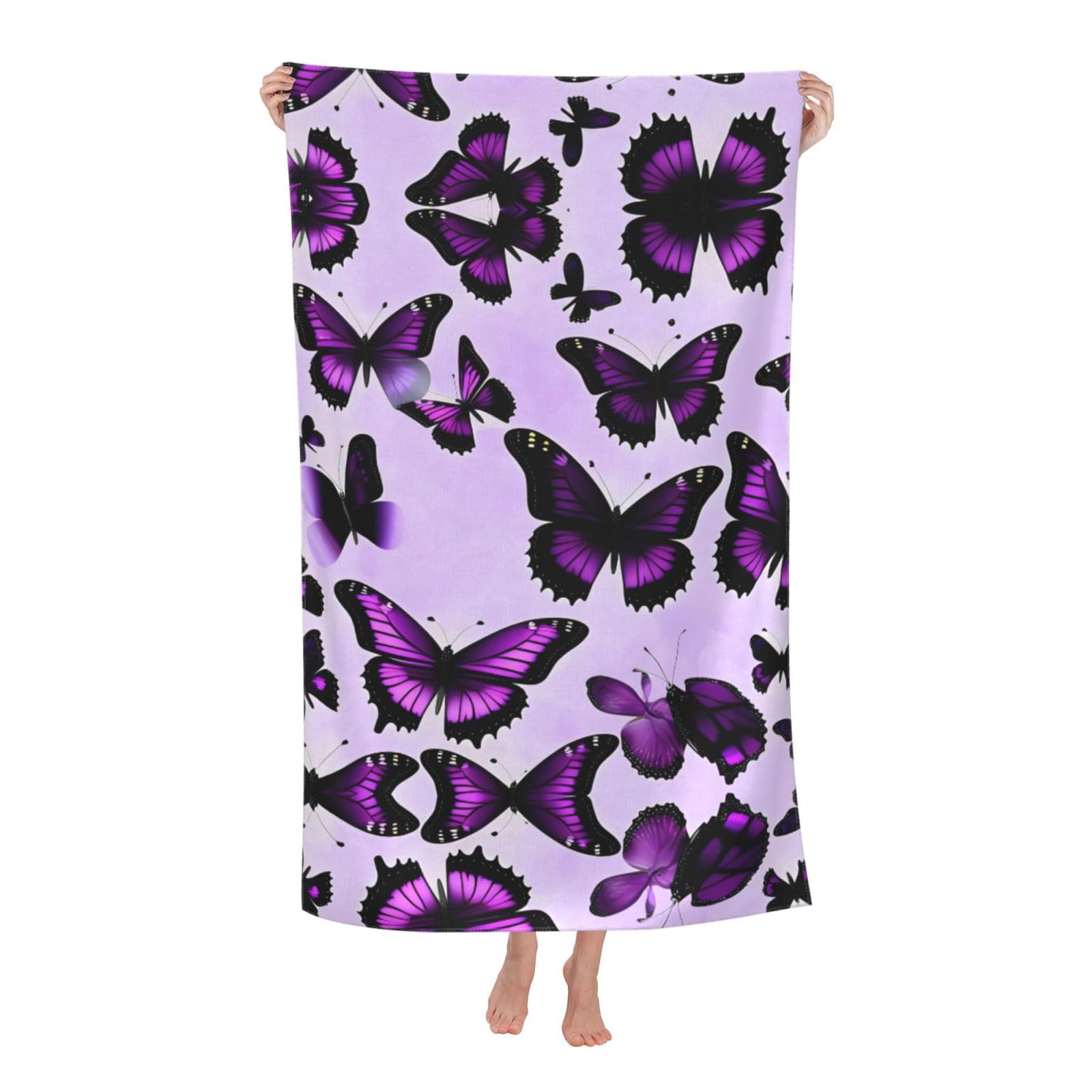 Oazcvbnn Women's White Purple Butterflies Print Adult Beach Towel Summer Travel Pool Vacation Swimming Fitness Outdoor Adventures