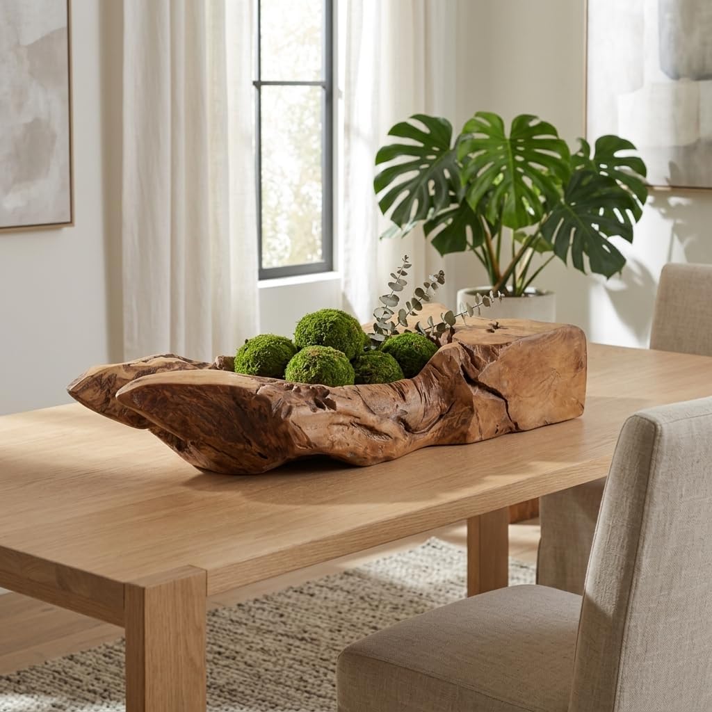 Decorative Wooden Long Bowl for Coffee Table Decor - Farmhouse Home Decor Accent for Kitchen Counter or Centerpiece Table Decorations - Decor Bowl for Keys and Candy Display - 6", Brown & Tan