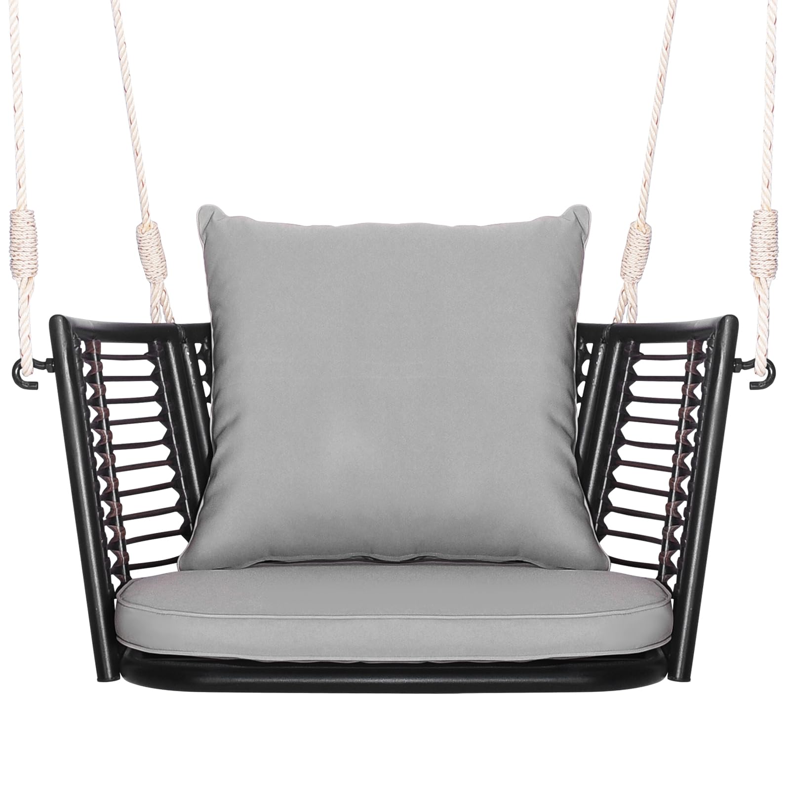 FANTASK Hängesessel Outdoor, Hängeschaukel Rattan mit Kissens & Metallrahmen & Hängeseilen, Hängesitz bis 180kg belastbar, Hängestuhl, Schaukelsessel für Veranda Garten Hinterhof (Grau)