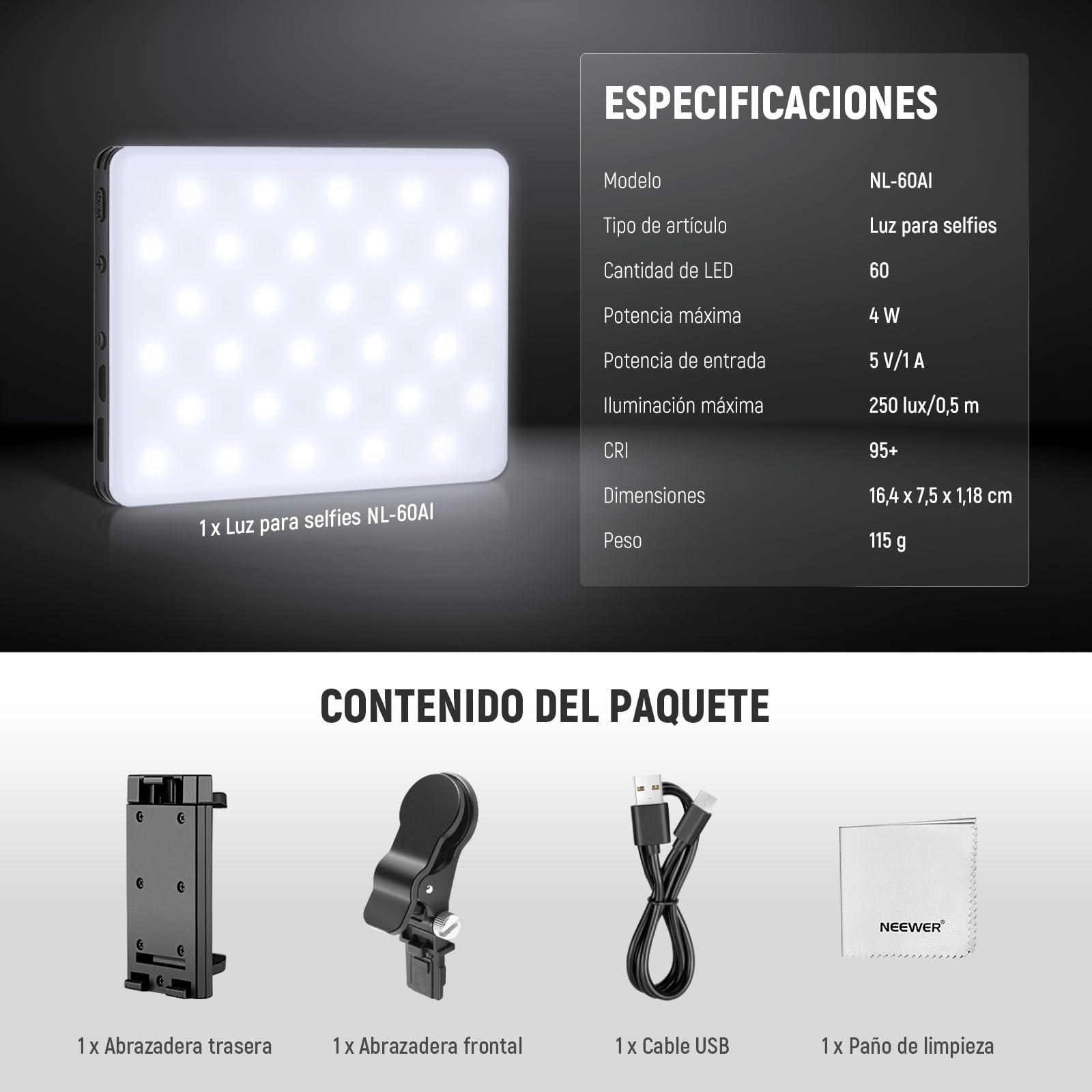 NEEWER BÁSICO Clip on Luz LED Selfies Compatible con iPhone, Recargable 2000mAh, con Soporte Teléfono Paño Limpieza, Luz Relleno para Webcam Laptop Zoom Videoconferencia Grabación Maquillaje, NL-60AI