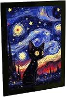 Quadro Decorativo Gato Preto Vang Gogh Noite Estrelada Estilo Anime Decoração Poster Quarto Sala