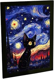 Quadro Decorativo Gato Preto Vang Gogh Noite Estrelada Estilo Anime Decoração Poster Quarto Sala