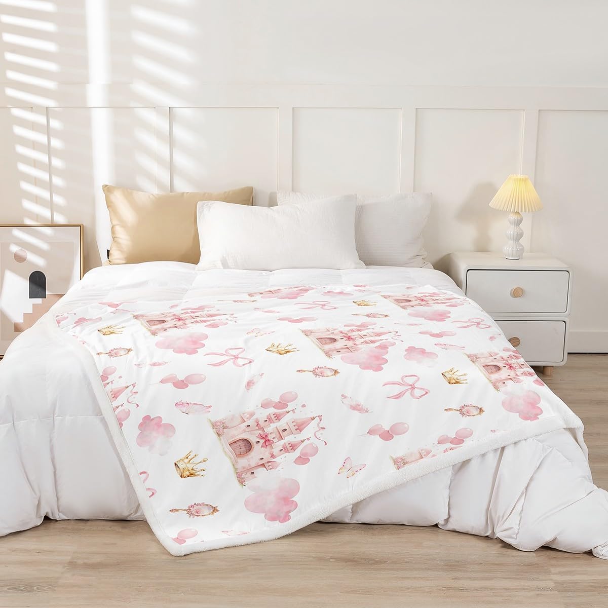 Feelyou Kids Pink Castle Plush Blanket for Bed Sofa Couch Cute Bowknot Sherpa Blanket Boys Girls Girls Dreamy House Fleece Throw Blanket Fairytale Teens Bedroom Decor 40"x50"