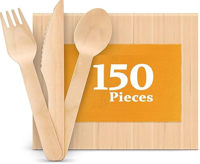150pcs Wooden Cutlery Set Disposable Biodegradable Wood Non Plastic Eco Friendly for Picnic Party , Office and Weddings - 50 Forks , 50 Knives , 50 Spoons