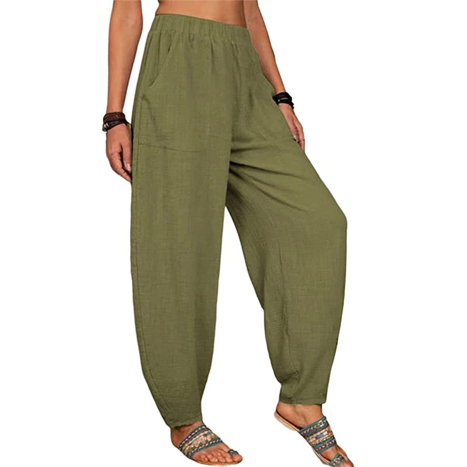 Maiyifu-GJ Women's Baggy Linen Wide Leg Pants Elastic Waist Casual Loose Long Trousers High Waisted Comfy Lounge Pant (Green,Large)