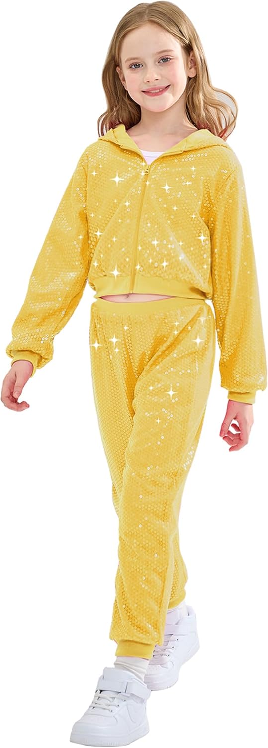 LOLANTA 2Pcs Girls Dance Outfits Cropped Sequin Jacket Pants Set, Kids Hip Hop Dance Costumes for 80s 90s Party 5-15 Years