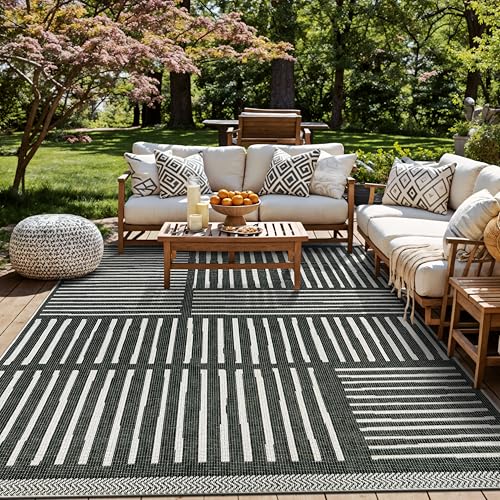 Rugshop Black Contemporary Stripe Indoor/Outdoor Large Area Rug, Weather Resistant