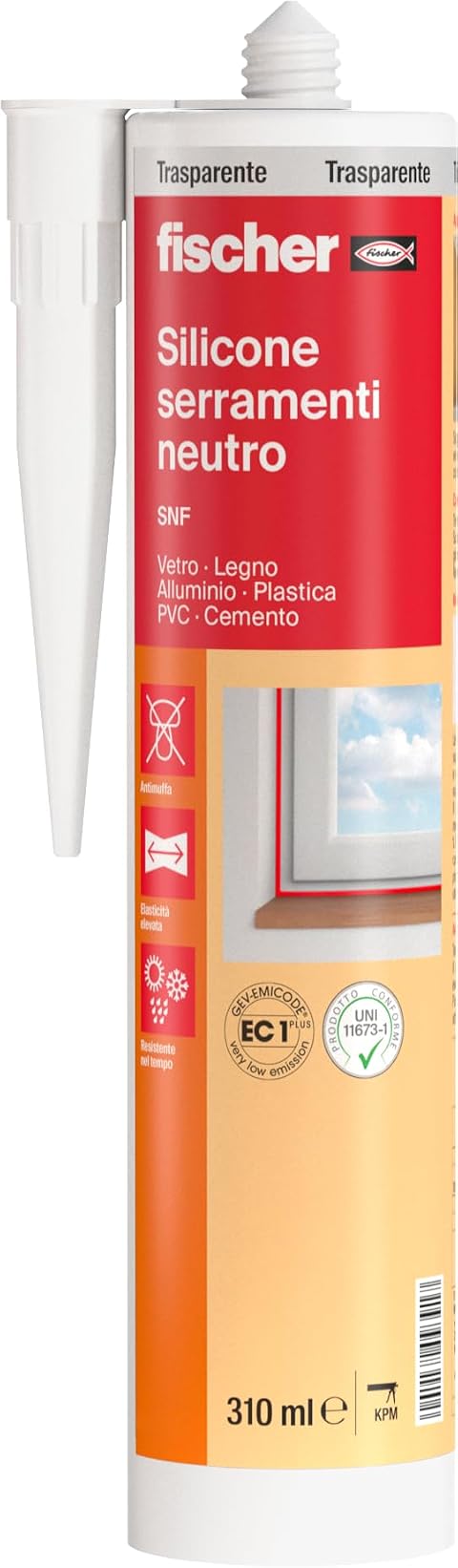 Fischer SNF Silicone Sigillante Legno Trasparente, Pavimenti e Finestre, Neutro a Basso Modulo, Elastico, per Serramenti, Porte, Infissi, Inodore, Esterno/Interno, 9391