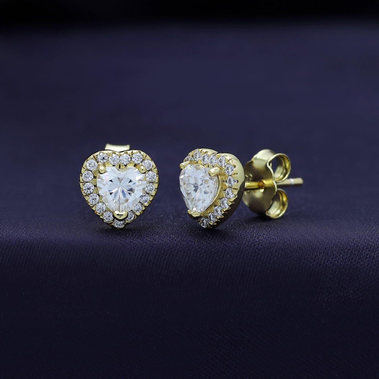 SAVEARTH DIAMONDS 18k Gold Plated Sterling Silver Post Halo Stud Earrings | Heart, Round & Teardrop style Moissanite Diamond Stud Earrings for Women | Push Back Earrings For Her
