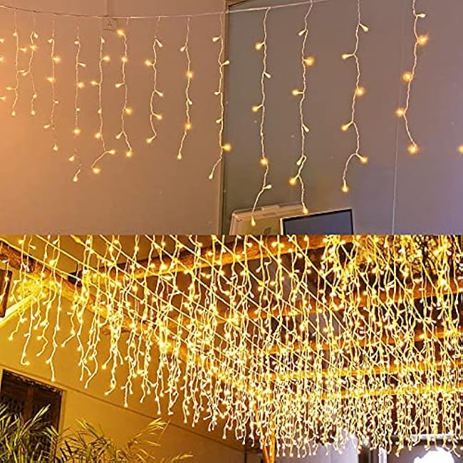 LED Icicle Lights, 8 Modes, 13FT 96 LEDs Christmas Short Curtain Fairy Hanging Ceiling Extendable Lights for Wedding Balcony Doorway Outdoor Indoor Decoration Warm White, 4M