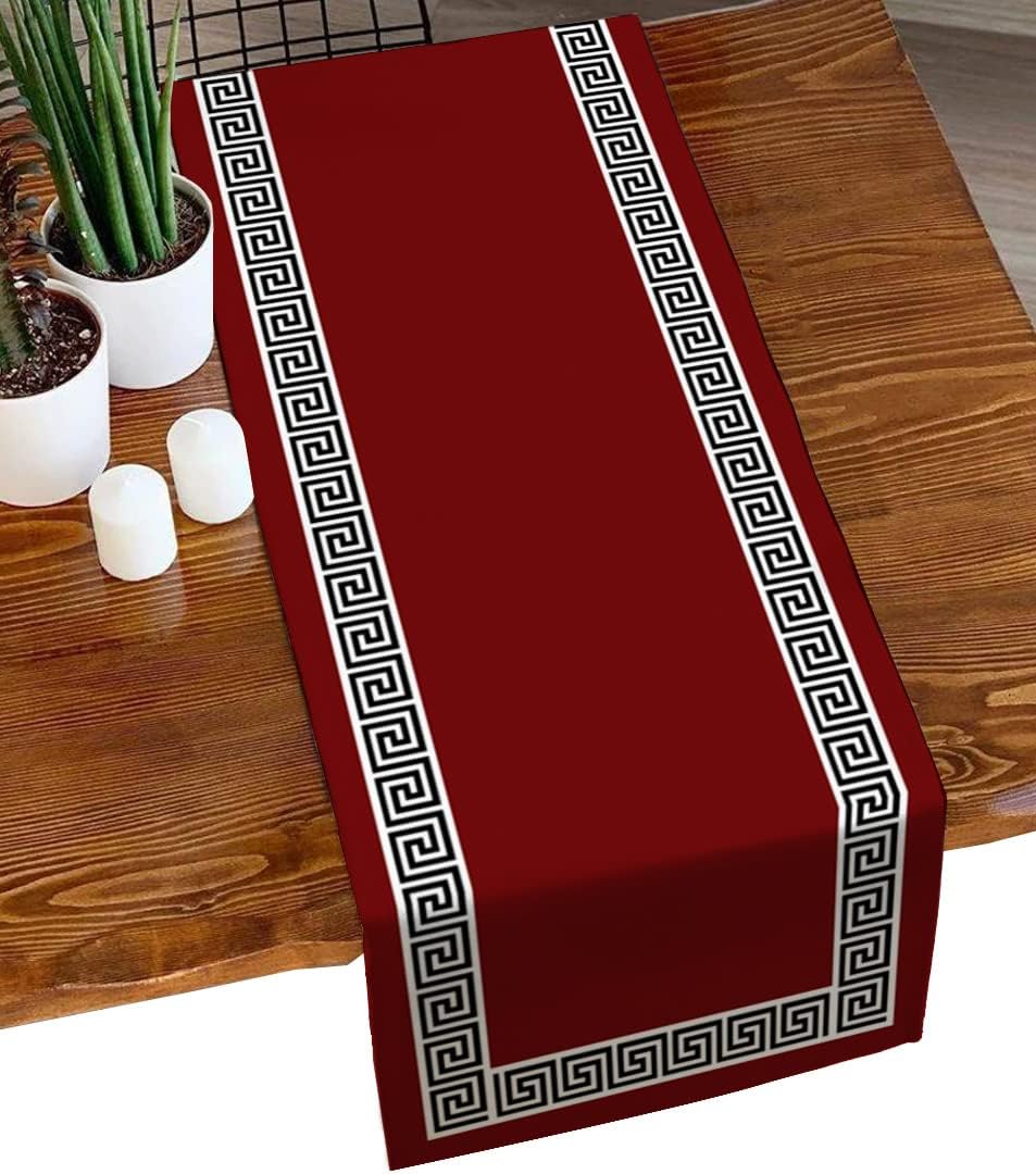 Wine Red Black Table Runner 36 Inches Short,Traditional Chinese Geometric Tile Pattern Cotton Linen Small Short Kitchen Dining Coffee Table Runners Dresser Décor,Burlap Runner for Table,Wedding,Party