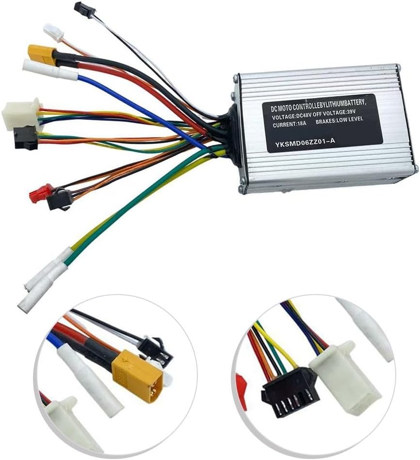 Close-up view of some of the wire connectors on the electric scooter controller, showing different types of plugs.