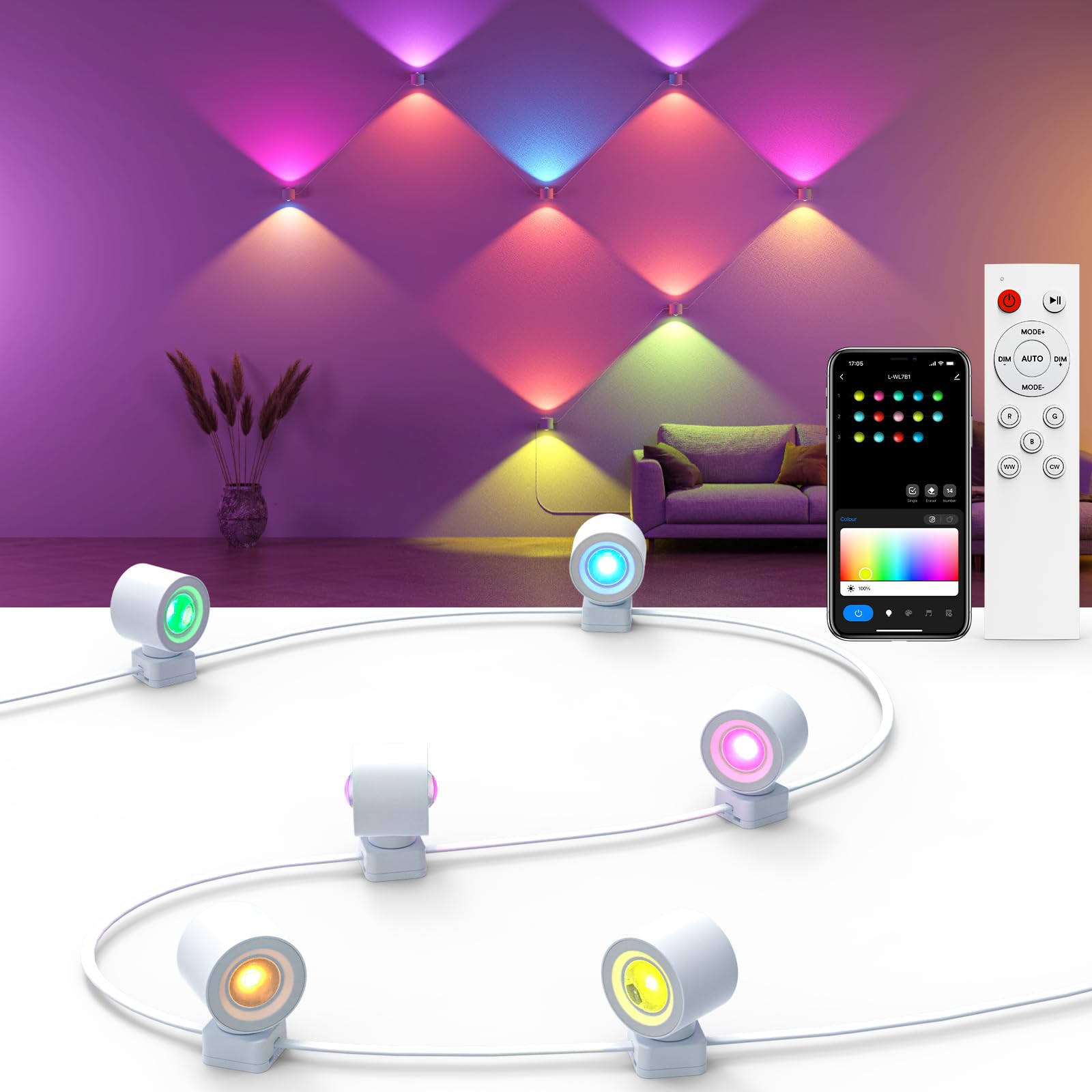 7 Pack RGB+CW Up and Down Smart Wall Sconces, White Color Changing Indoor LED Wall Lights with DIY Modes, Music Sync, 180° Rotatable with Voice/App/