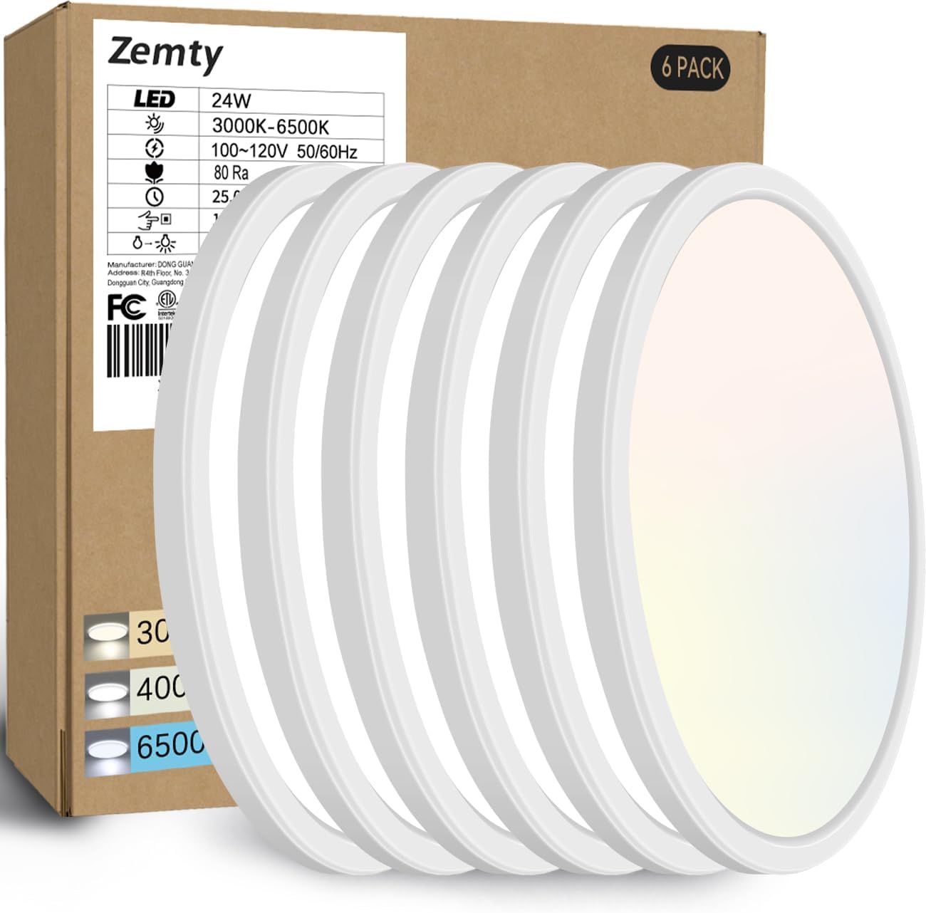 zemty 6-Pack 12-Inch LED Flush Mount Ceiling Lights, 24W 3200Lumens 5 CCT Adjustable (3000K-6500K), Round Flat Light Fixture for Bedroom Kitchen Bathroom Hallway (White)
