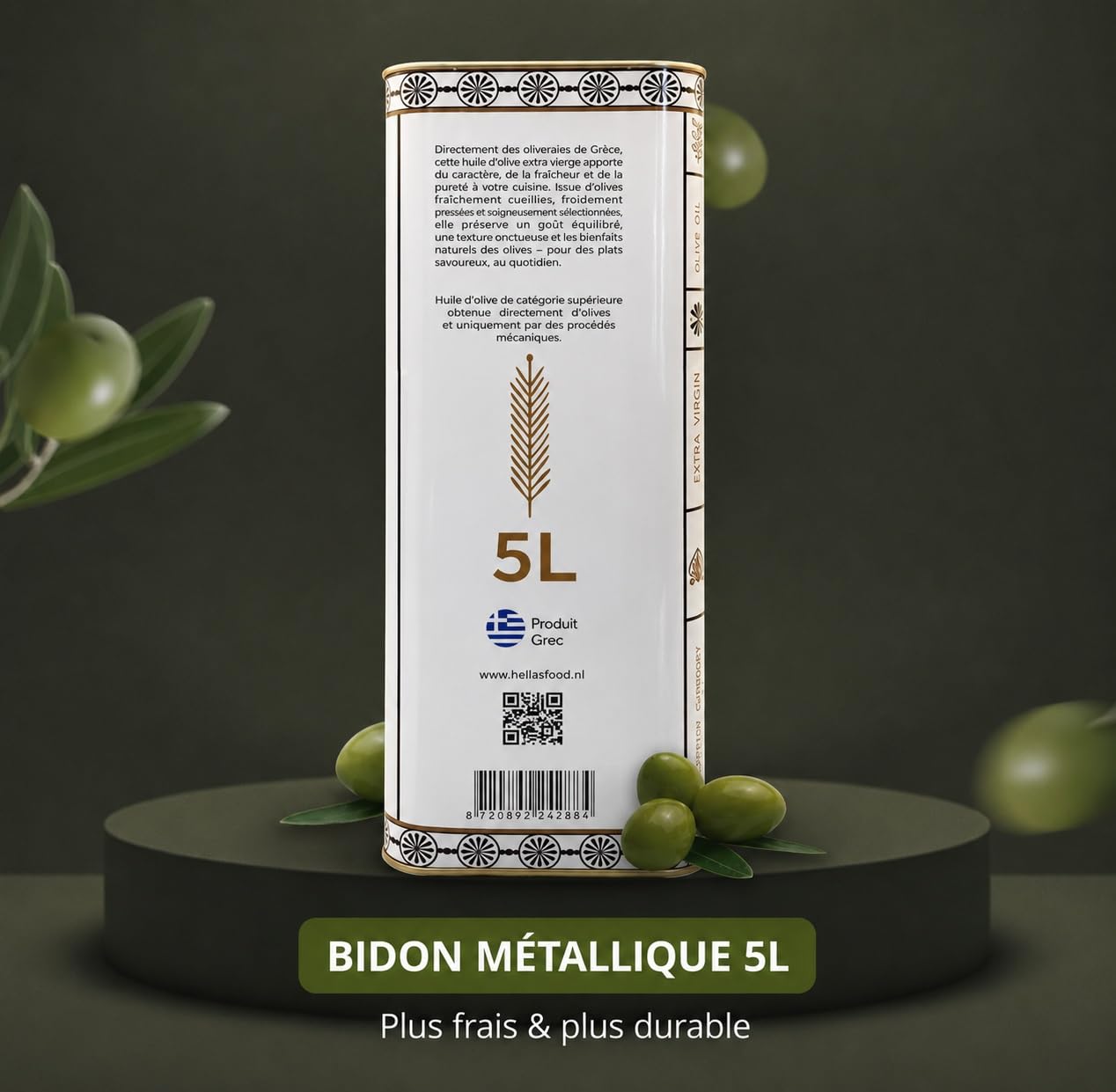 Hellas Food - Huile d’Olive 5L Extra Vierge - Pressée à Froid - Mélange Premium du Péloponnèse - Arôme Fruité - Riche en Antioxydants - Idéale pour Cuisine & Salades
