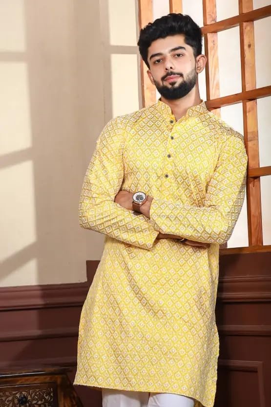 Image of LookMark Men's Printed Silk Blend Kurta with Mandarin Collar, Full Sleeves, Straight Fit Traditional Ethnic Wear