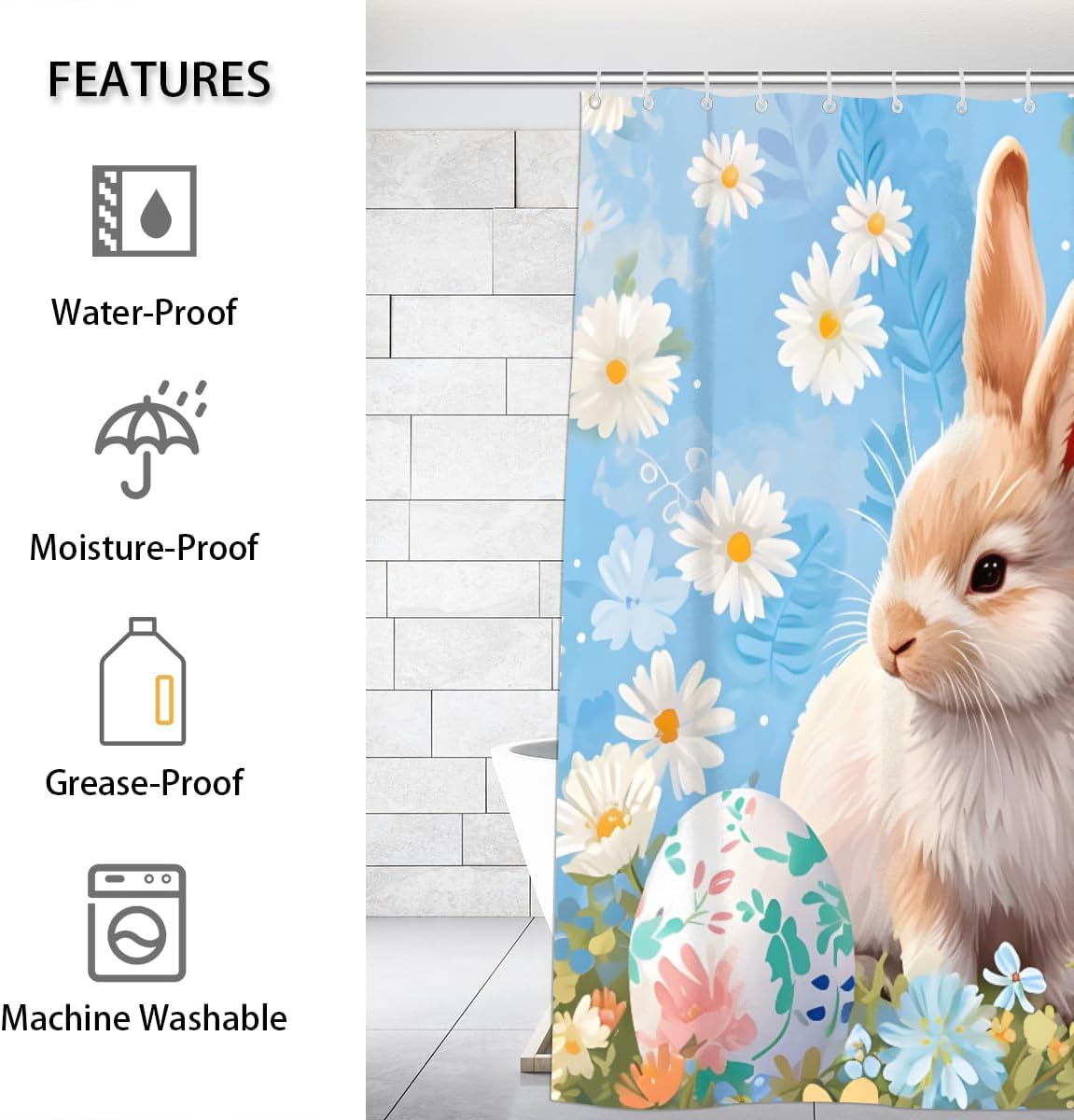 Pardick Shower Curtain, Easter Cute Bunny Floral Waterproof Shower Curtain Set with 12 Hooks, Polyester Fabric Shower Curtains for Bathroom, Bathtubs, Stalls, Home Decor, 72x72inch