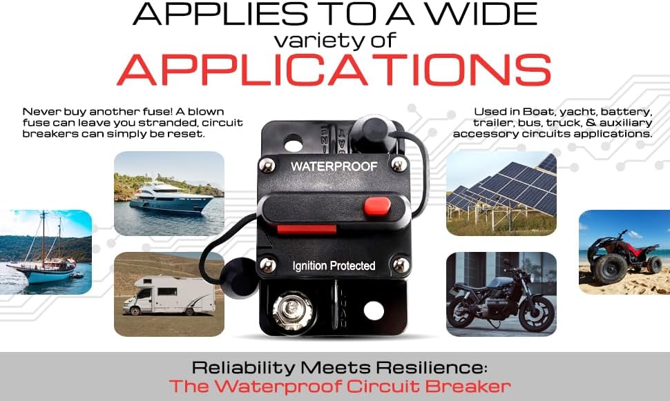 100 Amp Circuit Breaker for Boat Trolling Motor Marine ATV Trailer Vehicles Battery Charger Golf Cart Solar System Inline Fuse with Manual Reset Switch Waterproof DC 12V-48V IP67