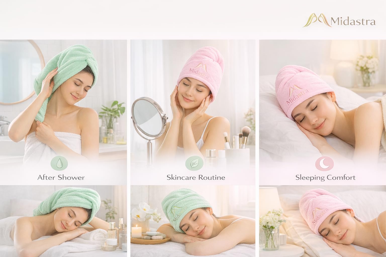 MIDASTRA FASHION Microfiber Hair Wrap Towel 500 GSM, 25 x 65 cm, Pack of 2 (Pink & Pista), Ultra Soft Super Absorbent Quick Dry Hair Turban for Women, Anti Frizz Lightweight Twist Wrap 3