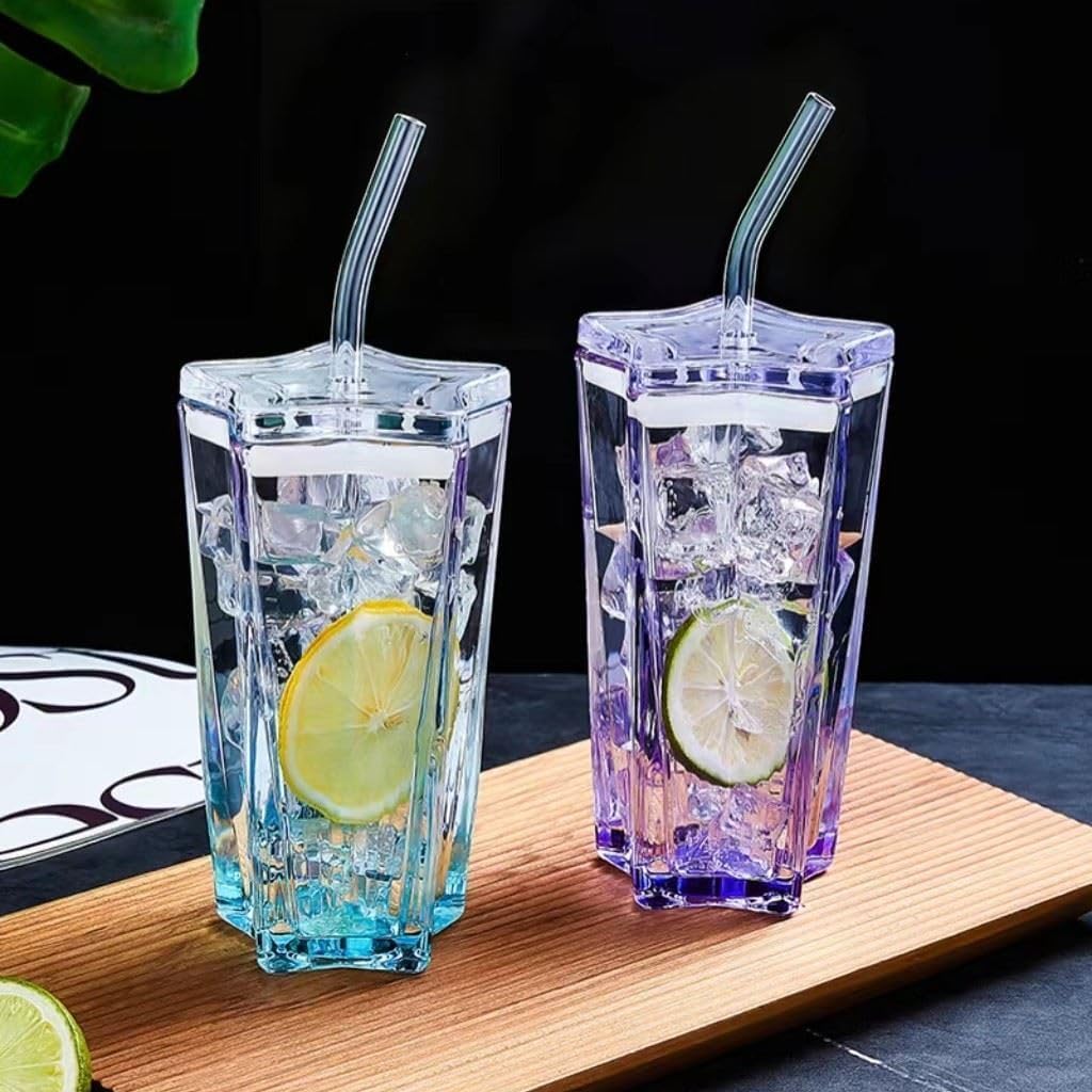 Amishaine Pentagonal Star Shaped Glass Tumbler with Straw Reusable Glass Cup for Juice Milk Smoothies Cold Beverages and Everyday Drinks Fun Geometric Glass for Home and Parties 3