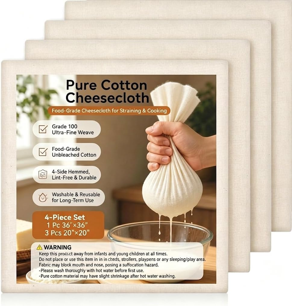 Grade 100 Unbleached Cotton Cheese Cloths for Straining, 4-Pack 2 Sizes