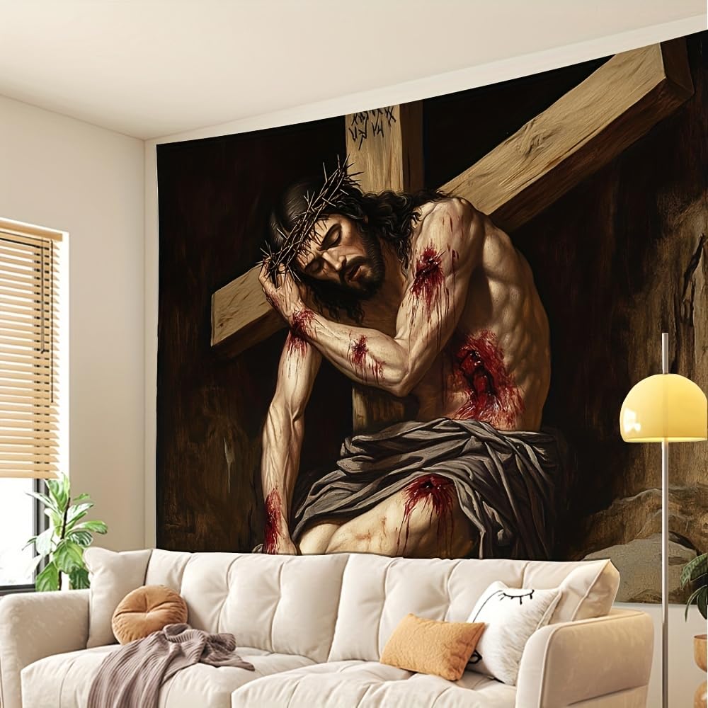 230x150CM Arazzo raffigurante la scena della croce di Gesù, da appendere alla parete in poliestere, per camera da letto, ufficio, dormitorio, decorazioni per feste, con pacchetto di installazione.