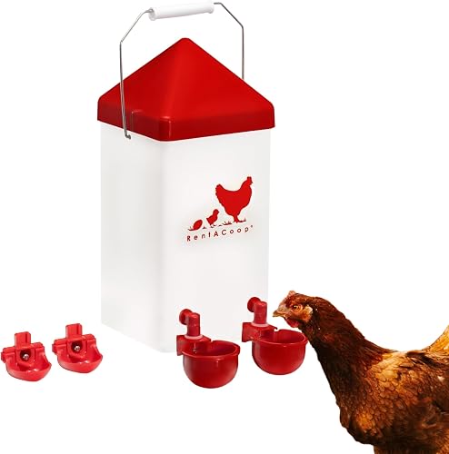RentACoop one-gallon waterer with cups and horizontal nipples