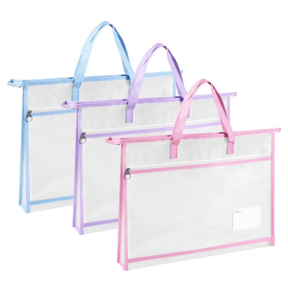 Borse di File, 3 Pezzi Sacchetto di Zip con Cerniera, A3 Borsa per Progetti Impermeabile con Manici per Uffici Cosmetici Forniture Accessori da Viaggio