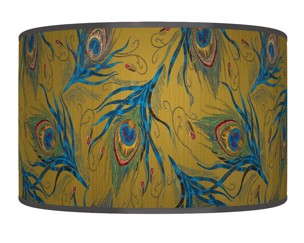 New Peacock Feathers Lampshade Mustard Yellow Blue Ceiling Light Drum Lamp Shade Floor Table or Ceiling Pendant Light Shade dz179 (45cm(18")