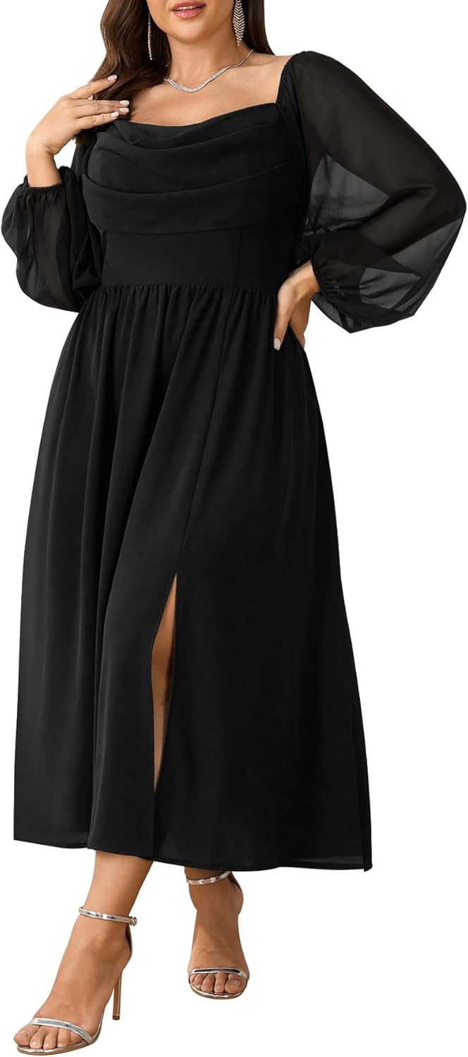 Women's Plus Size Dress Chiffon Long Sleeve Cowl Neck Wedding Guest Cocktail Party Maxi Dress
