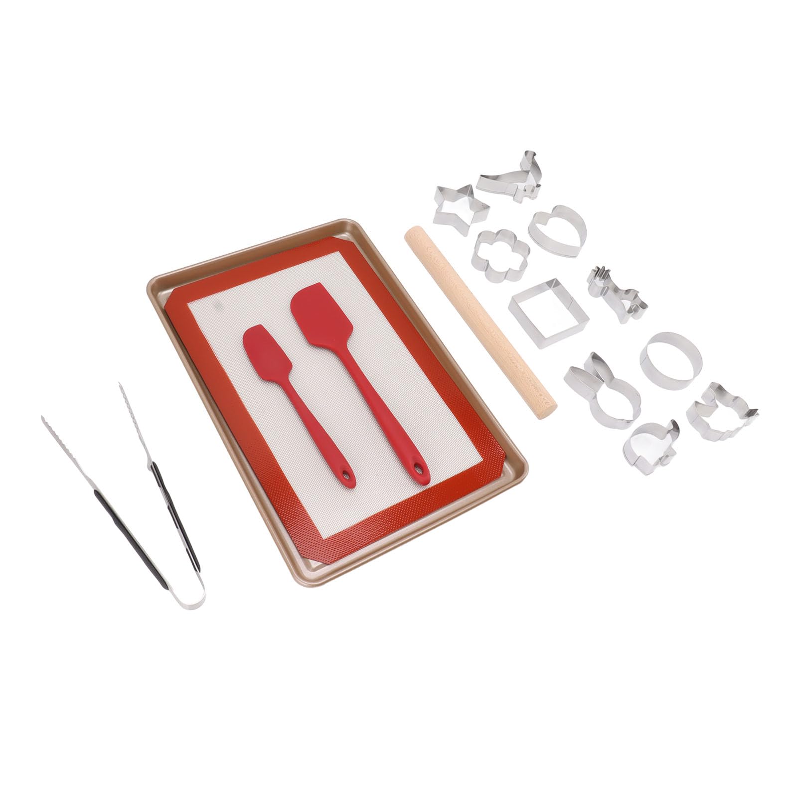 Juego de cortadores de galletas de acero al carbono, juego de utensilios para hornear galletas con bandeja antiadherente, estera de horneado, rodillo, espátula y pinza para