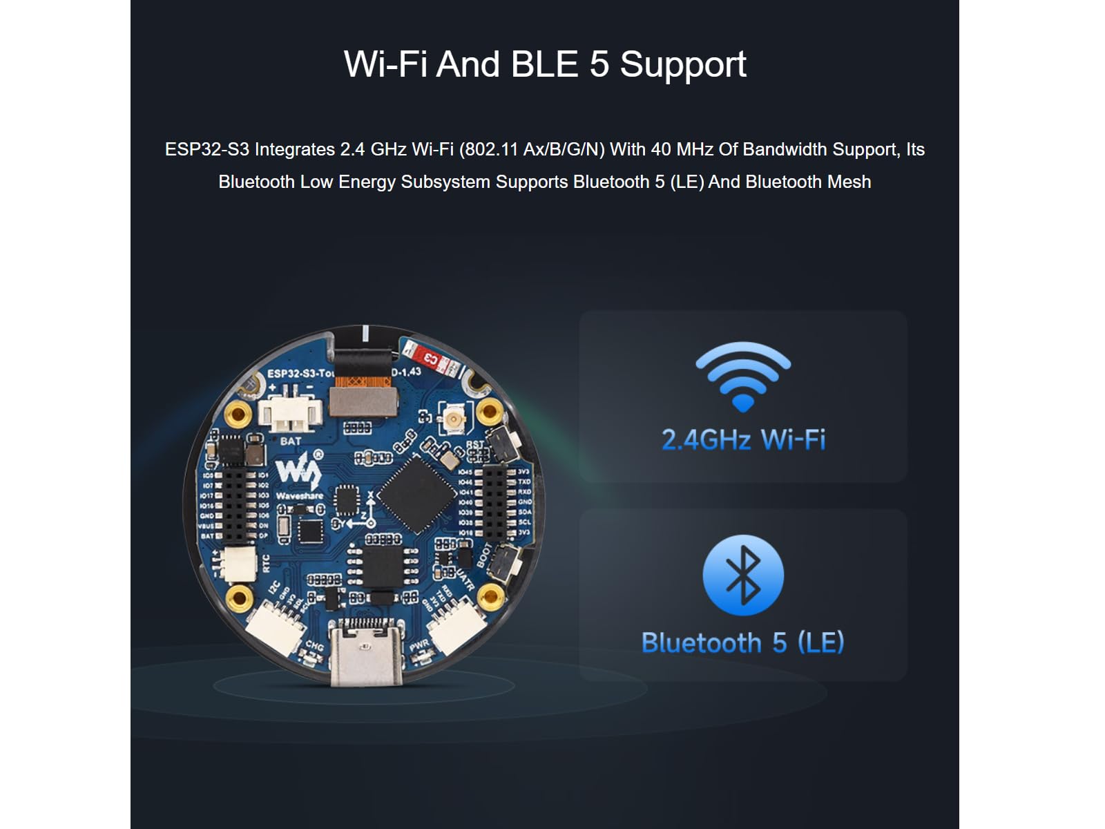 Waveshare ESP32-S3 1.43inch AMOLED Round Display Development Board 466×466 Resolution 16.7M Color Capacitive Touch Display Adopts ESP32-S3R8 Chip with 2.4GHz WiFi And Bluetooth BLE 5