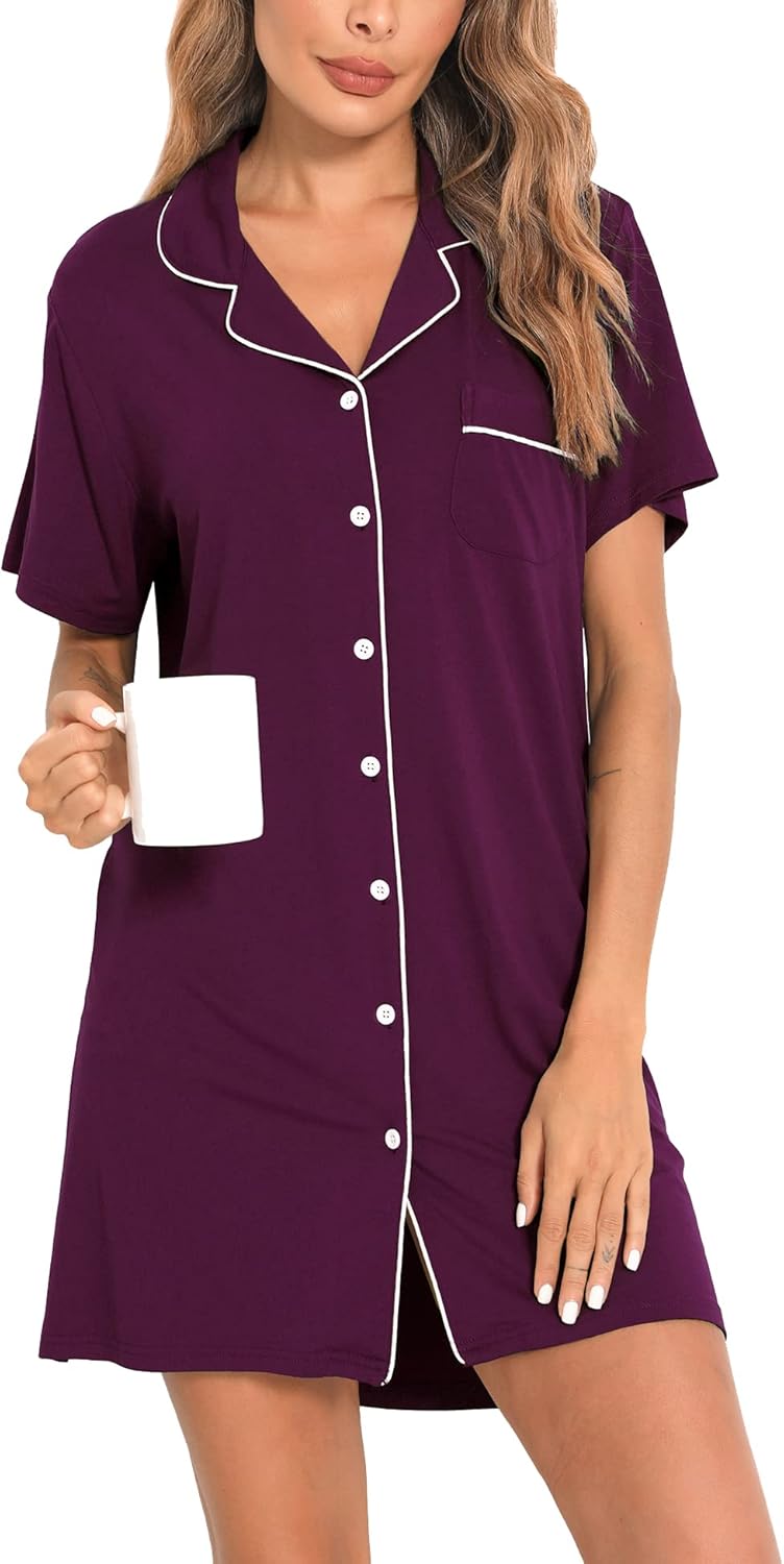SWOMOG Women Pajama Nightgowns Button Down Sleepwear short Sleeve Sleep Dress Boyfriend Silk Nightshirt